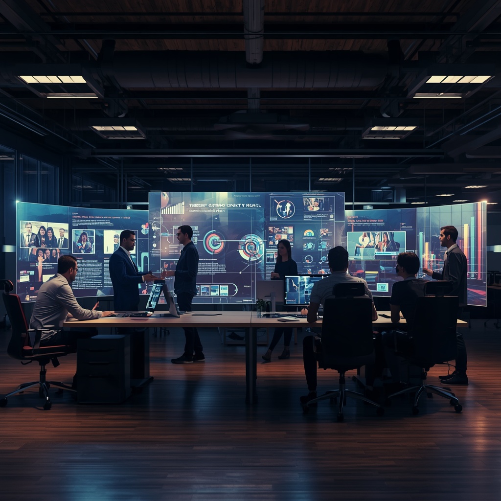 A team of professionals collaborating in a modern tech-driven office space with large holographic displays